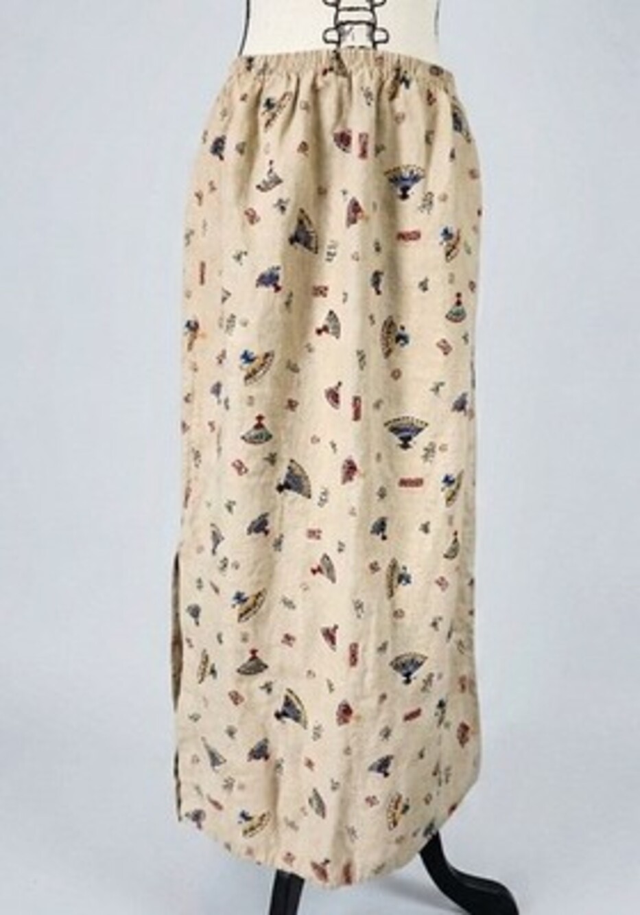 Tom Tom 100% Linen Asian Fan & Calligraphy Motif Elastic Waist Midi Skirt Size L